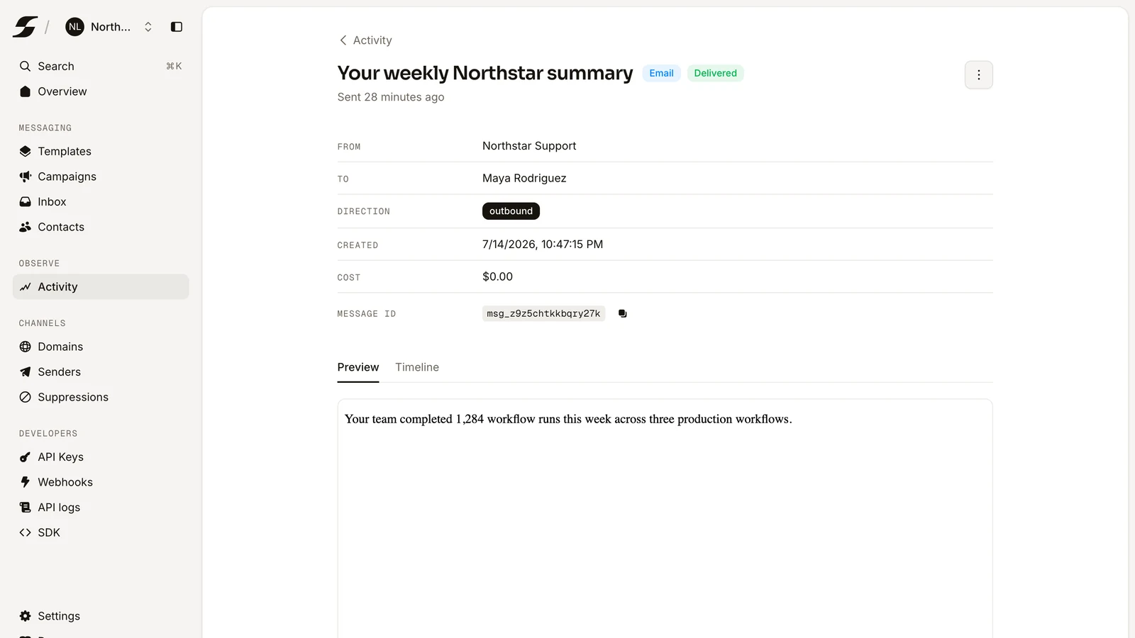 The Samva dashboard showing a delivered send and its message id