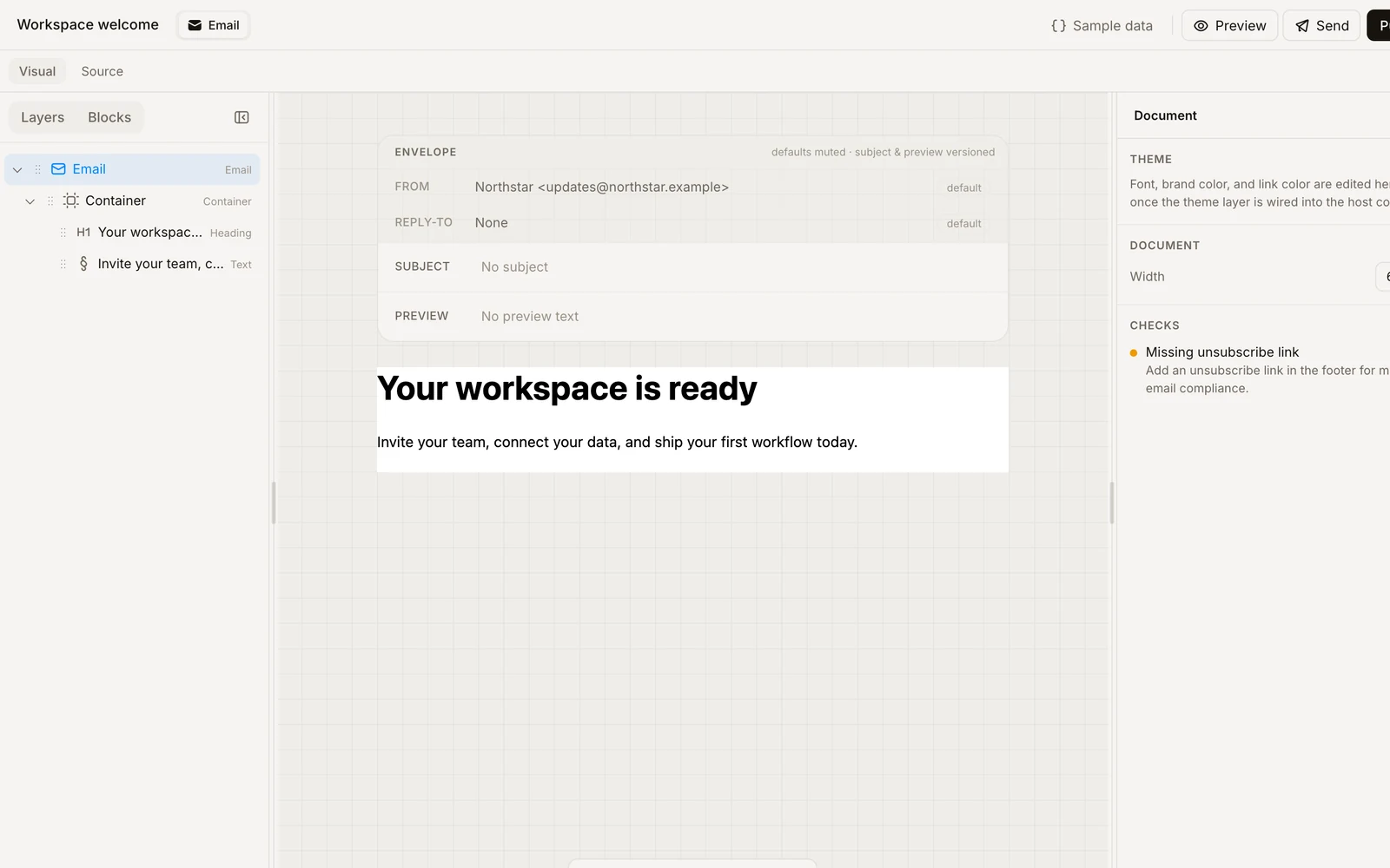 The Samva visual email template editor showing a workspace welcome template
